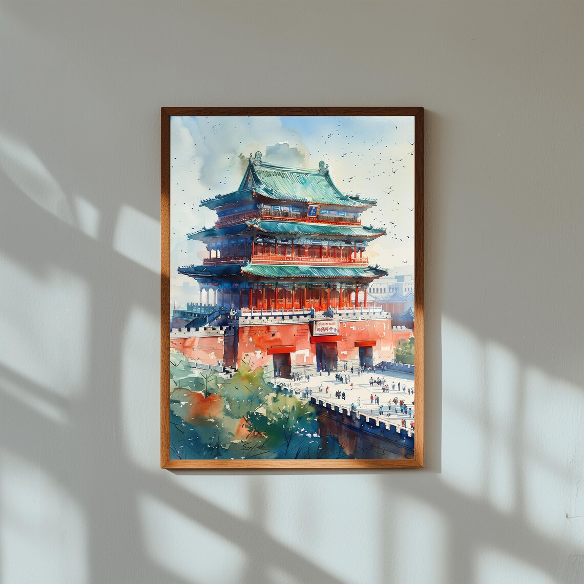 Xian Bell Tower Red Imperial Pagoda China Watercolor Art Poster