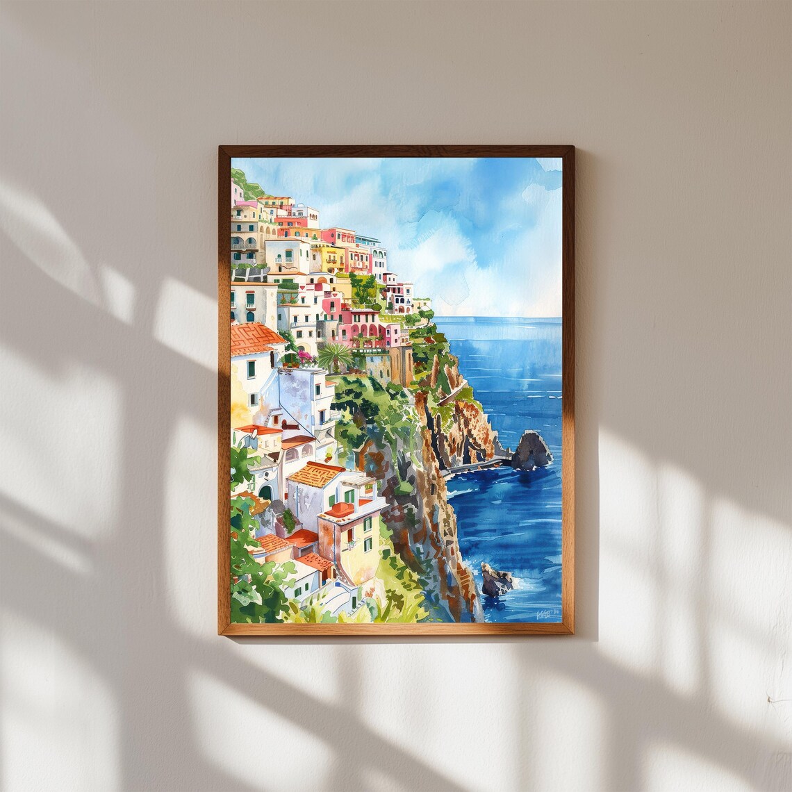 Amalfi Coast Italy Cliffside Village Watercolor Style Wall Art