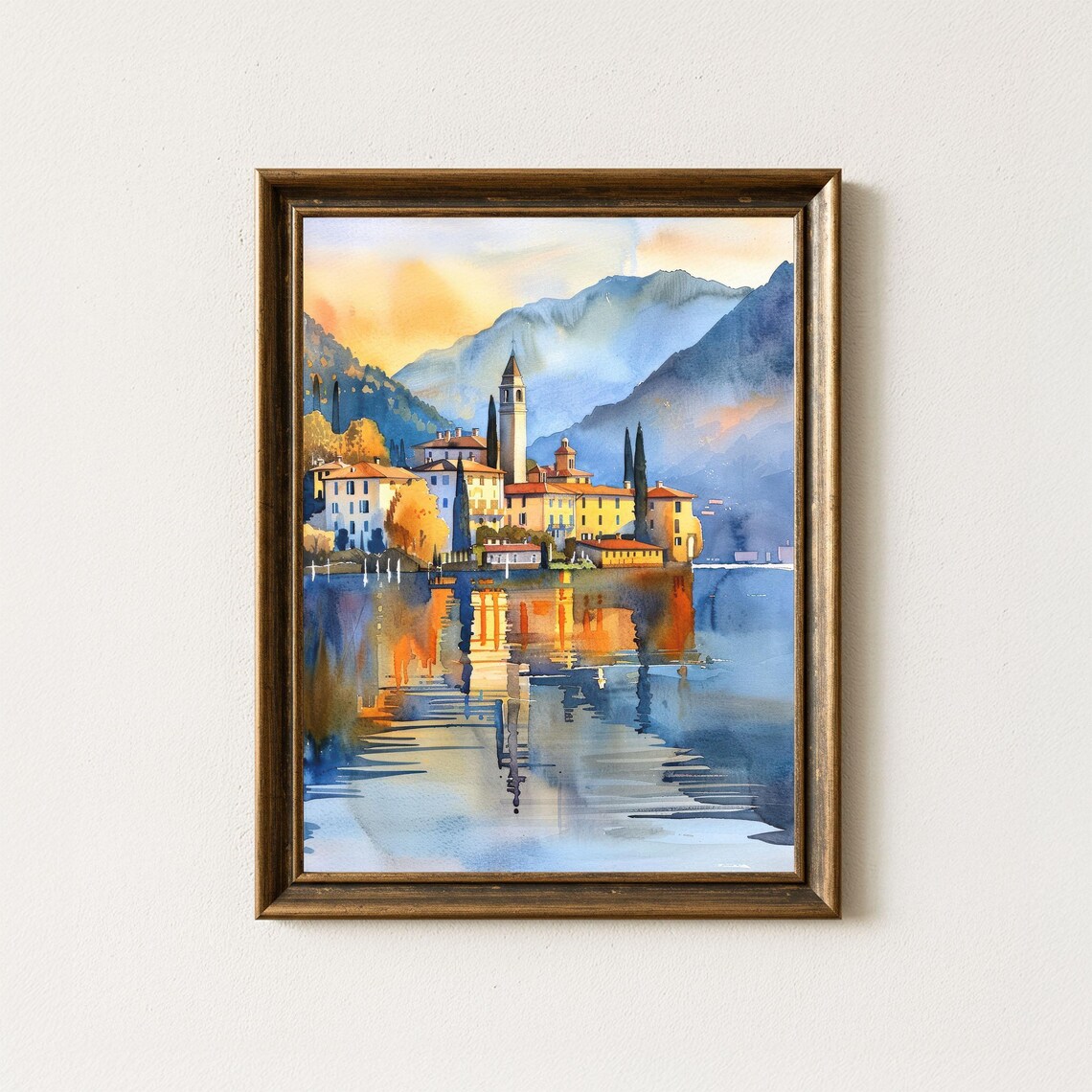 Lake Como Italy Sunset Lakeside Village Watercolor Art Poster