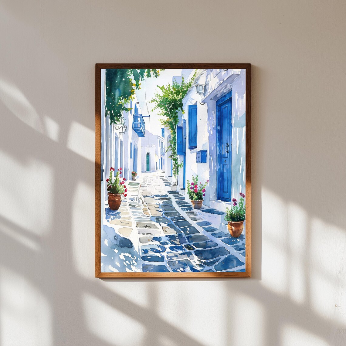 Santorini Greece Blue Door Whitewashed Alley Watercolor Travel Poster