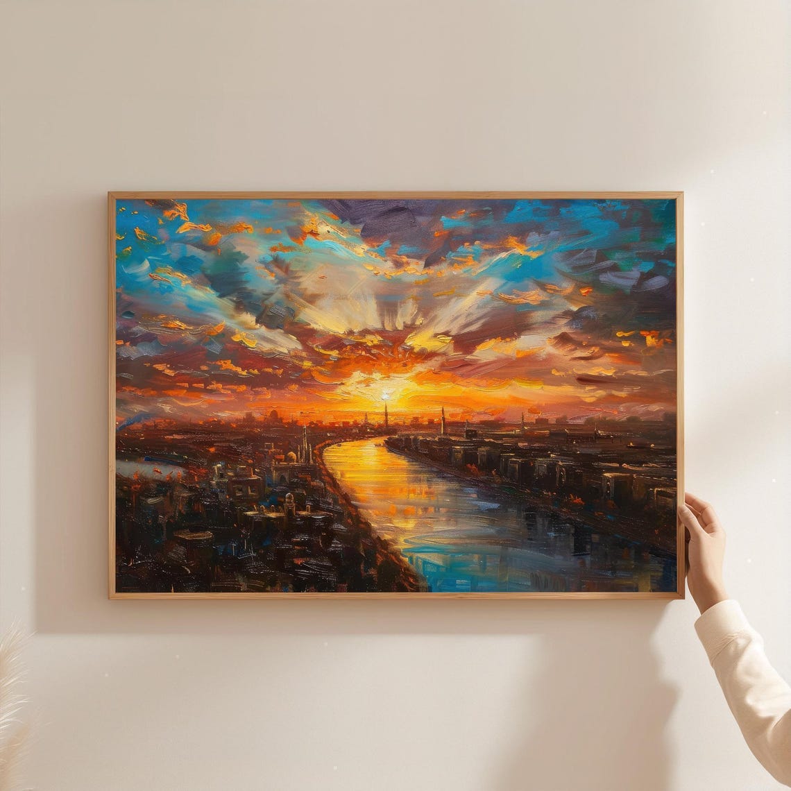 Sunset Cityscape Oil Painting Print Colorful River Landscape Framed Canvas Art