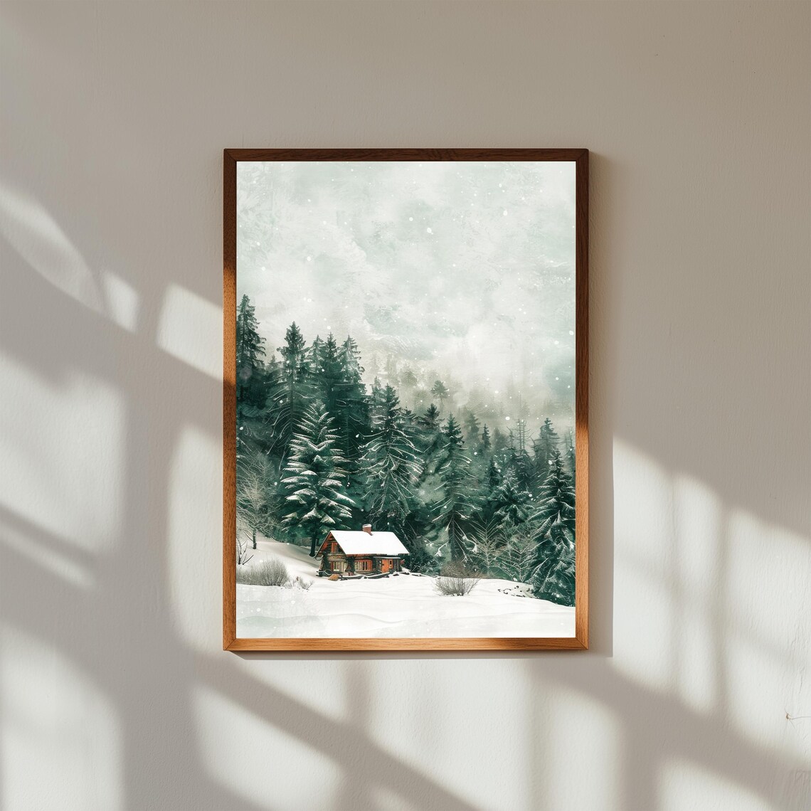 Snowy Winter Log Cabin Among Tall Pines Watercolor Art Print