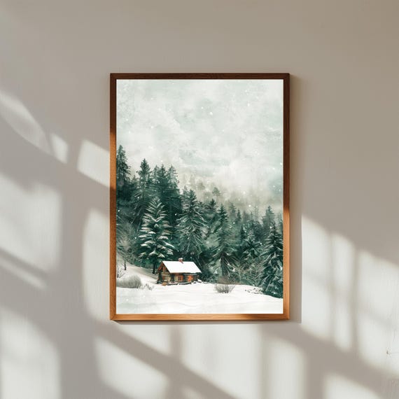 Winter Cabin Art Print Snowy Pine Forest Landscape