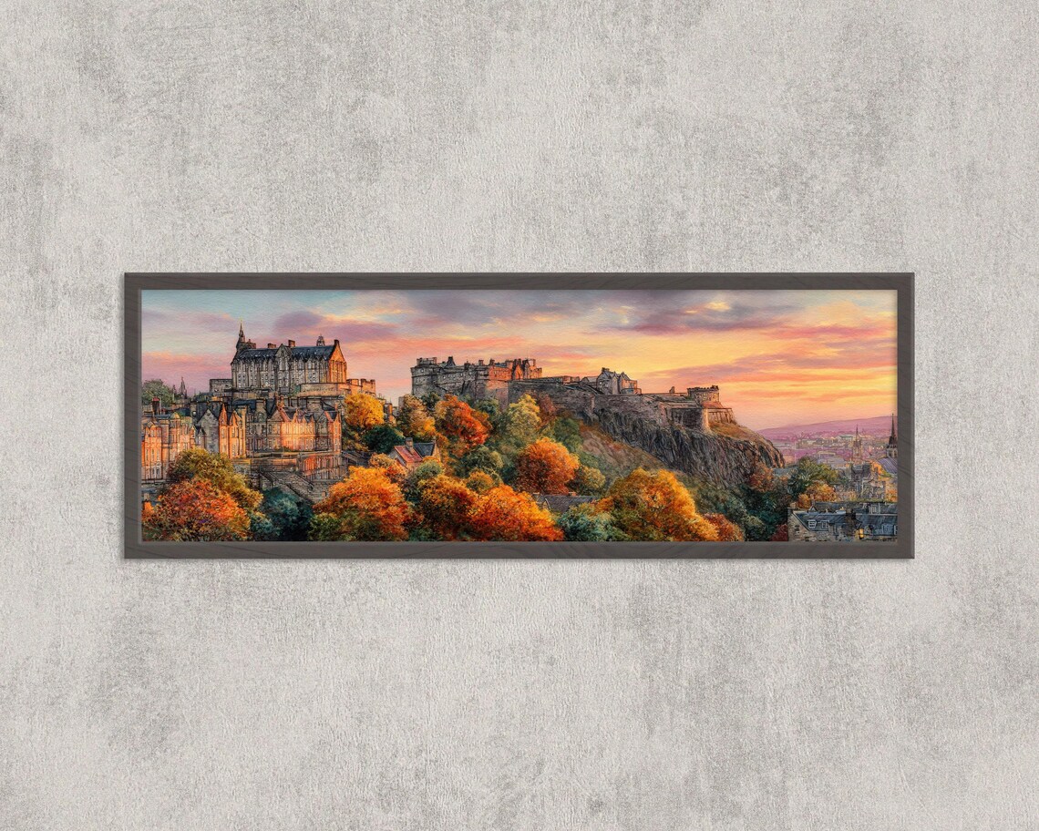 Edinburgh Castle Watercolor Painting, Scotland Panorama