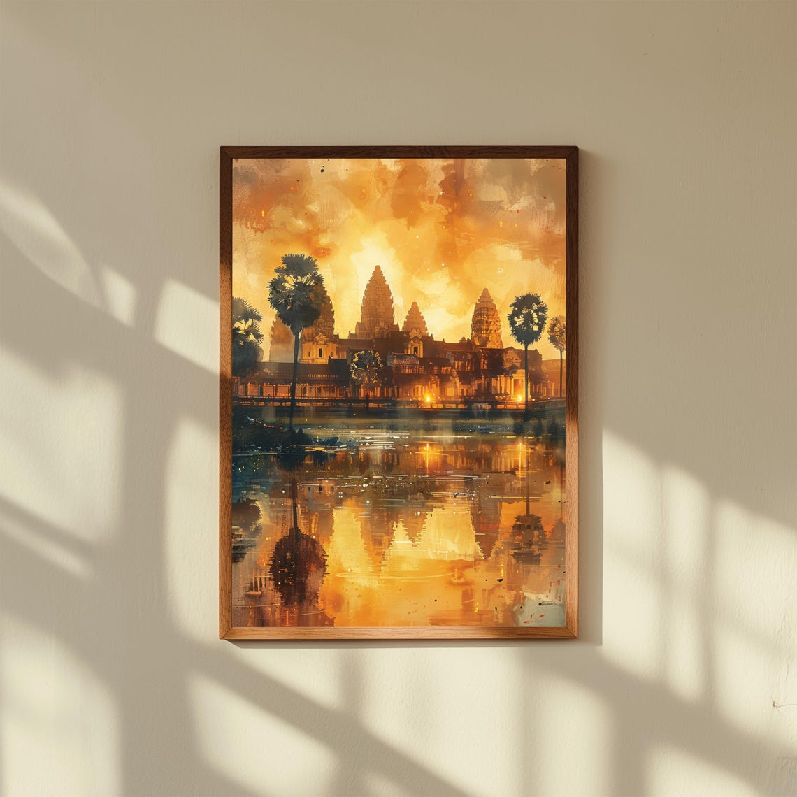 Angkor Wat Watercolor Travel Poster, Sunrise Temple