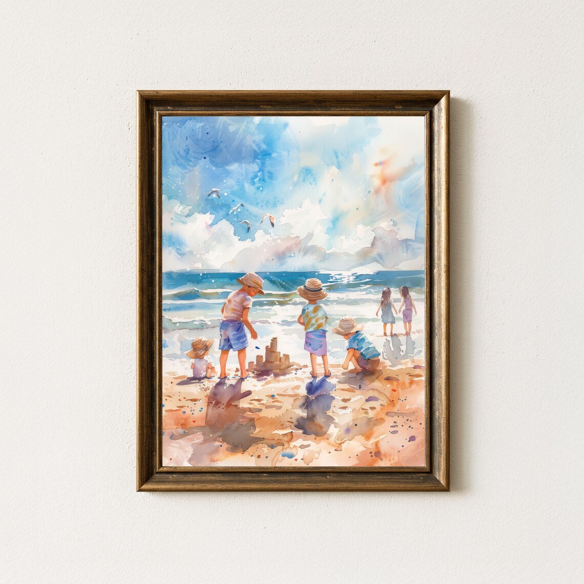 Children Playing Beach Watercolor Whimsical Coastal Nursery Poster