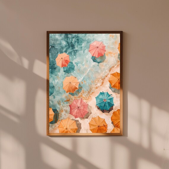 Aerial Beach Umbrellas Watercolor Coral Orange Turquoise Sea Art Print