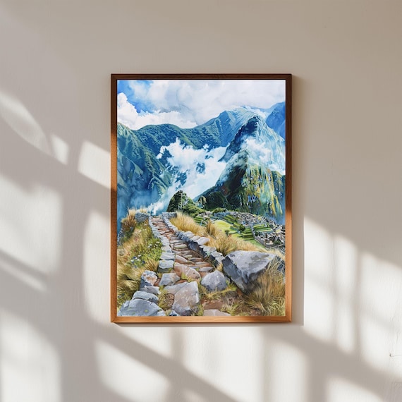 Inca Trail Watercolor Machu Picchu Stone Path Misty Andes Hiking Print