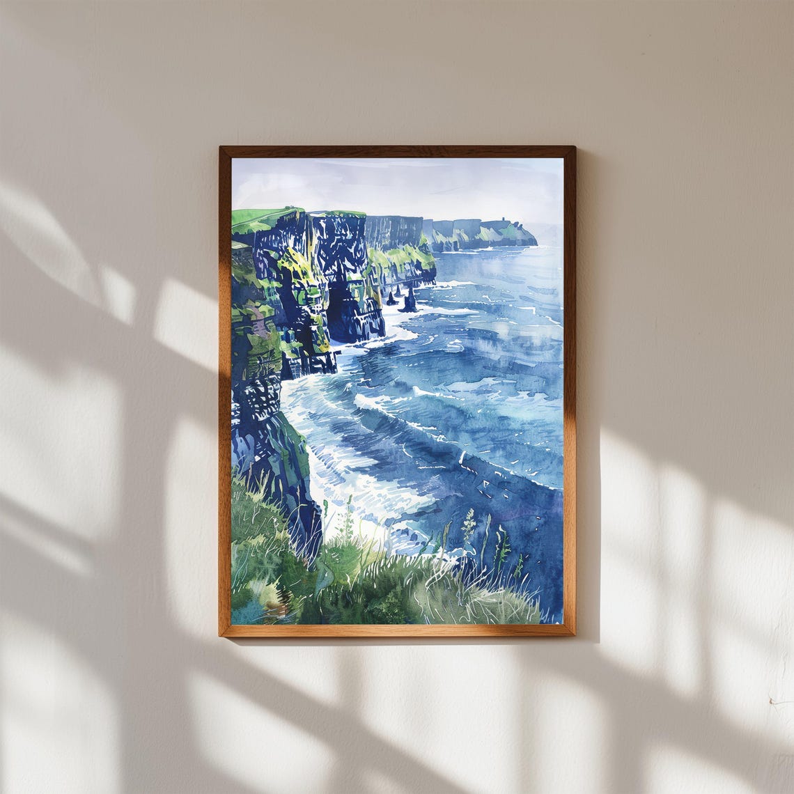 Cliffs of Moher Ireland Coastal Waves Green Watercolor Art Poster