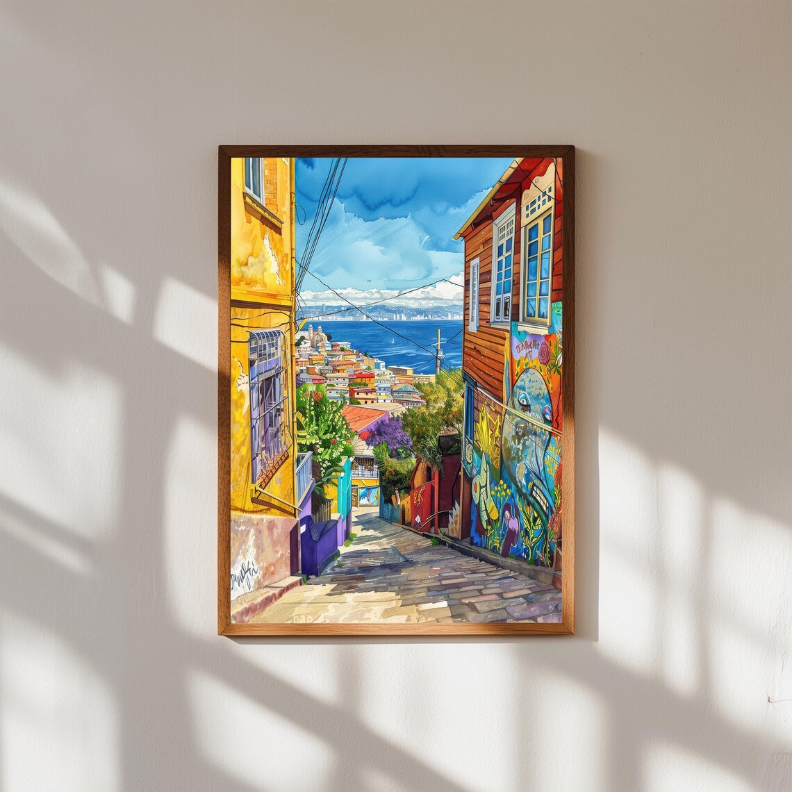 Valparaiso Chile Colorful Hillside Murals Street Watercolor Poster