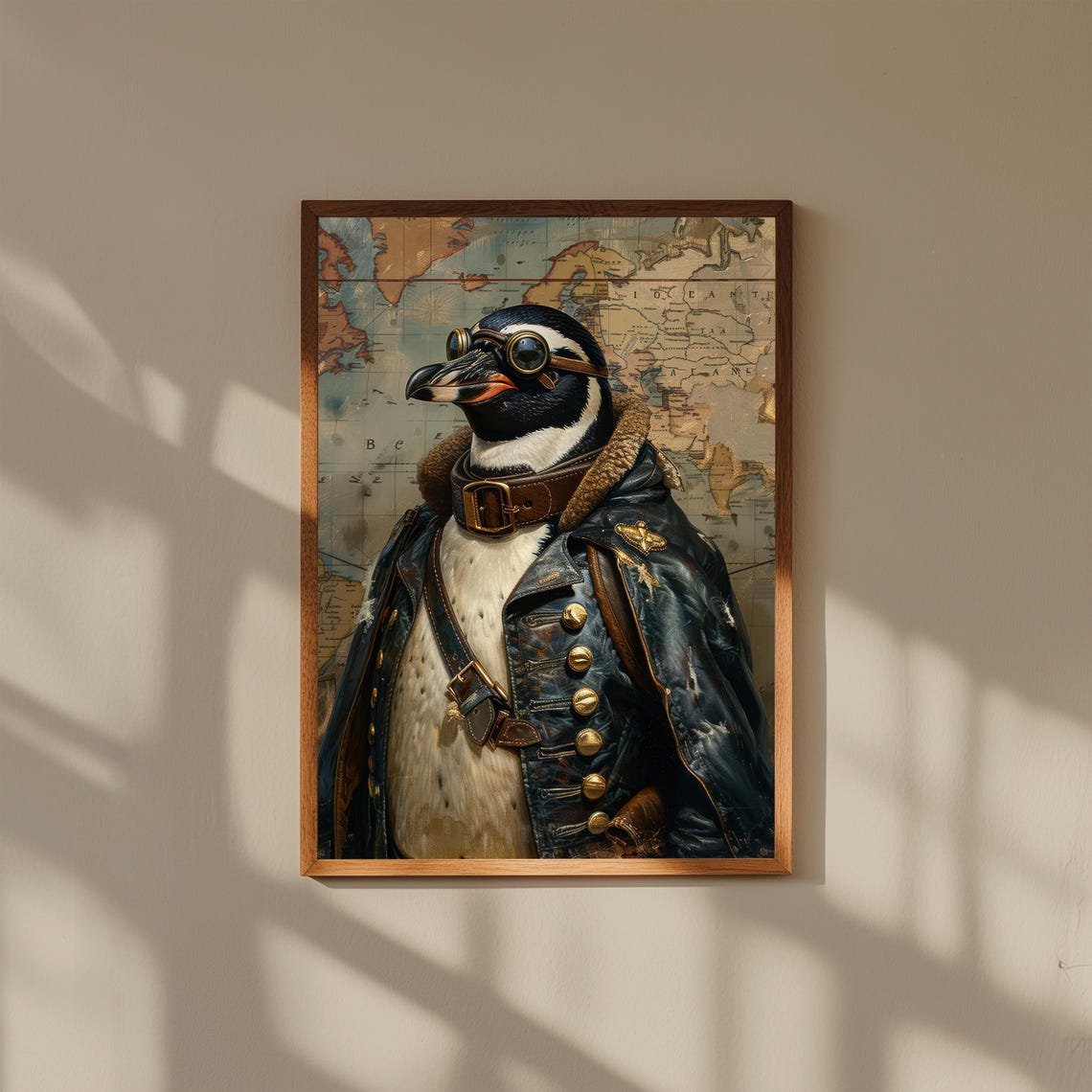 Penguin Aviator in Leather Jacket Goggles Vintage Map Portrait Poster