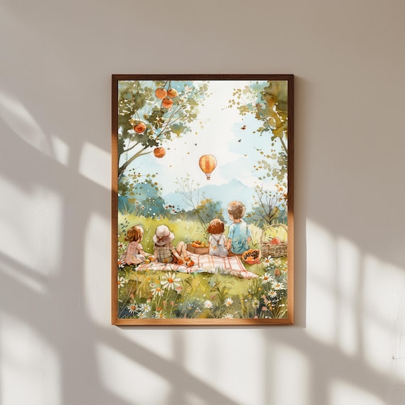 Kids Picnic with Hot Air Balloon Watercolor Art Print Daisy Meadow