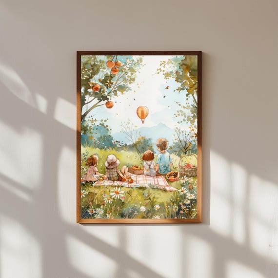 Watercolor Picnic Print Children In Meadow Pastoral Nursery Art