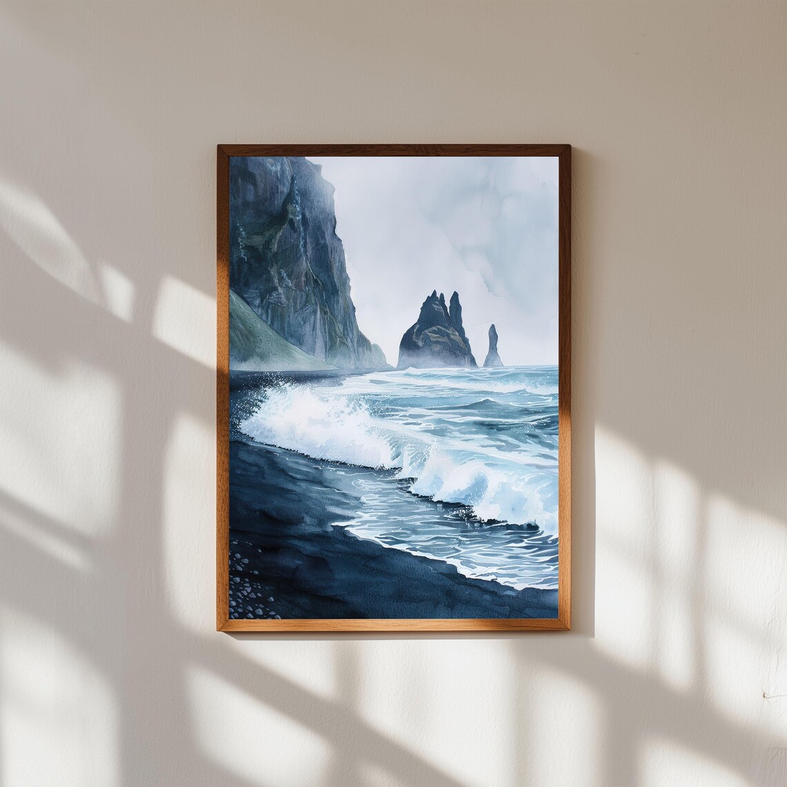 Iceland Black Sand Beach Sea Stacks Waves Watercolor Nordic Poster