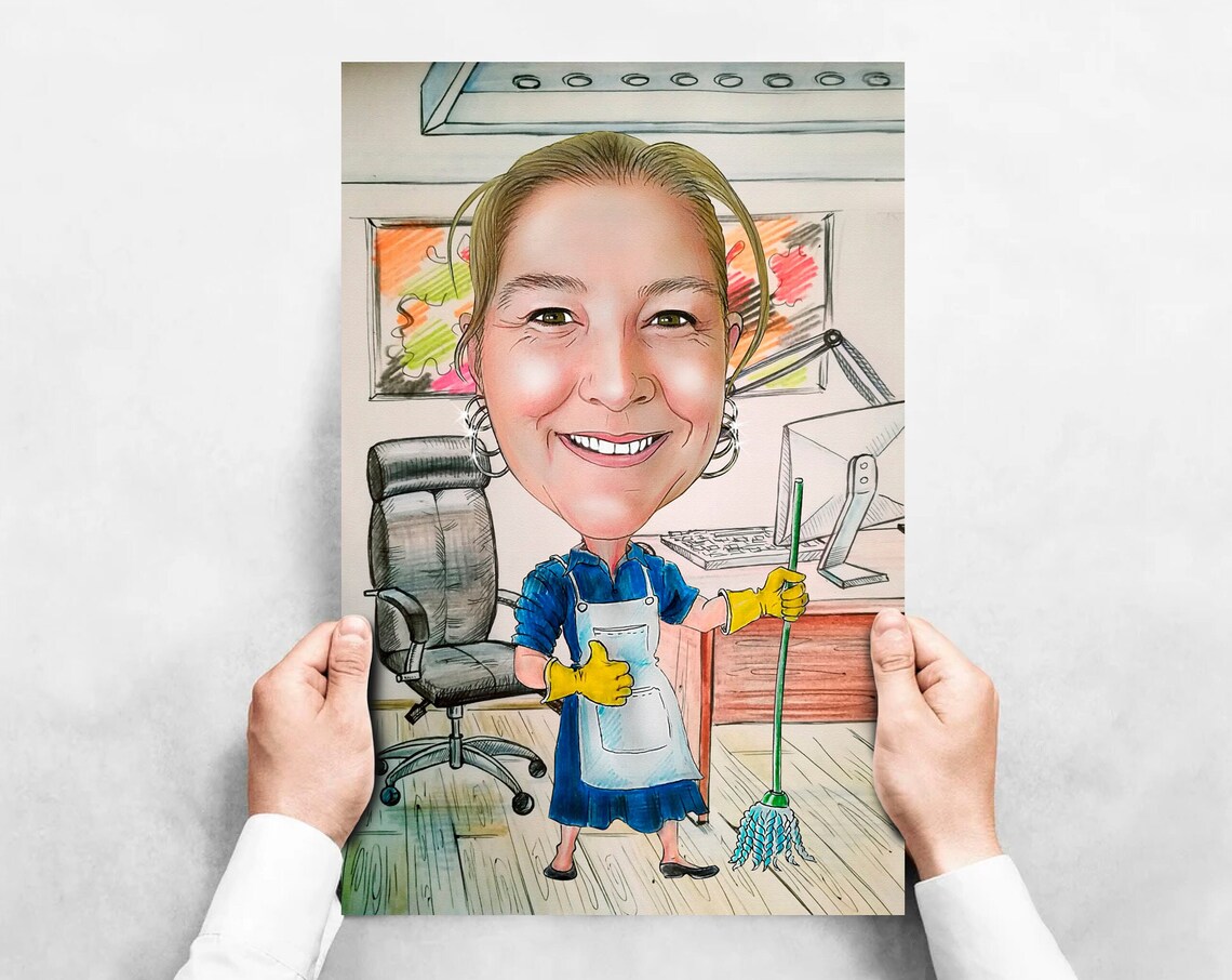 Custom Cleaning Lady Caricature Portrait From Photo Gift Poster