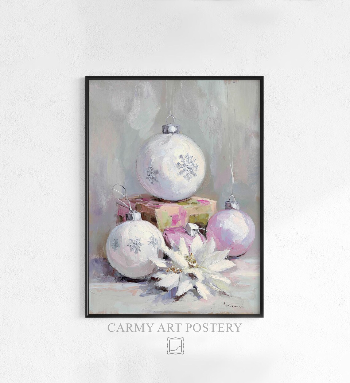Soft Pastel Christmas Baubles Still Life White Poinsettia Holiday Poster