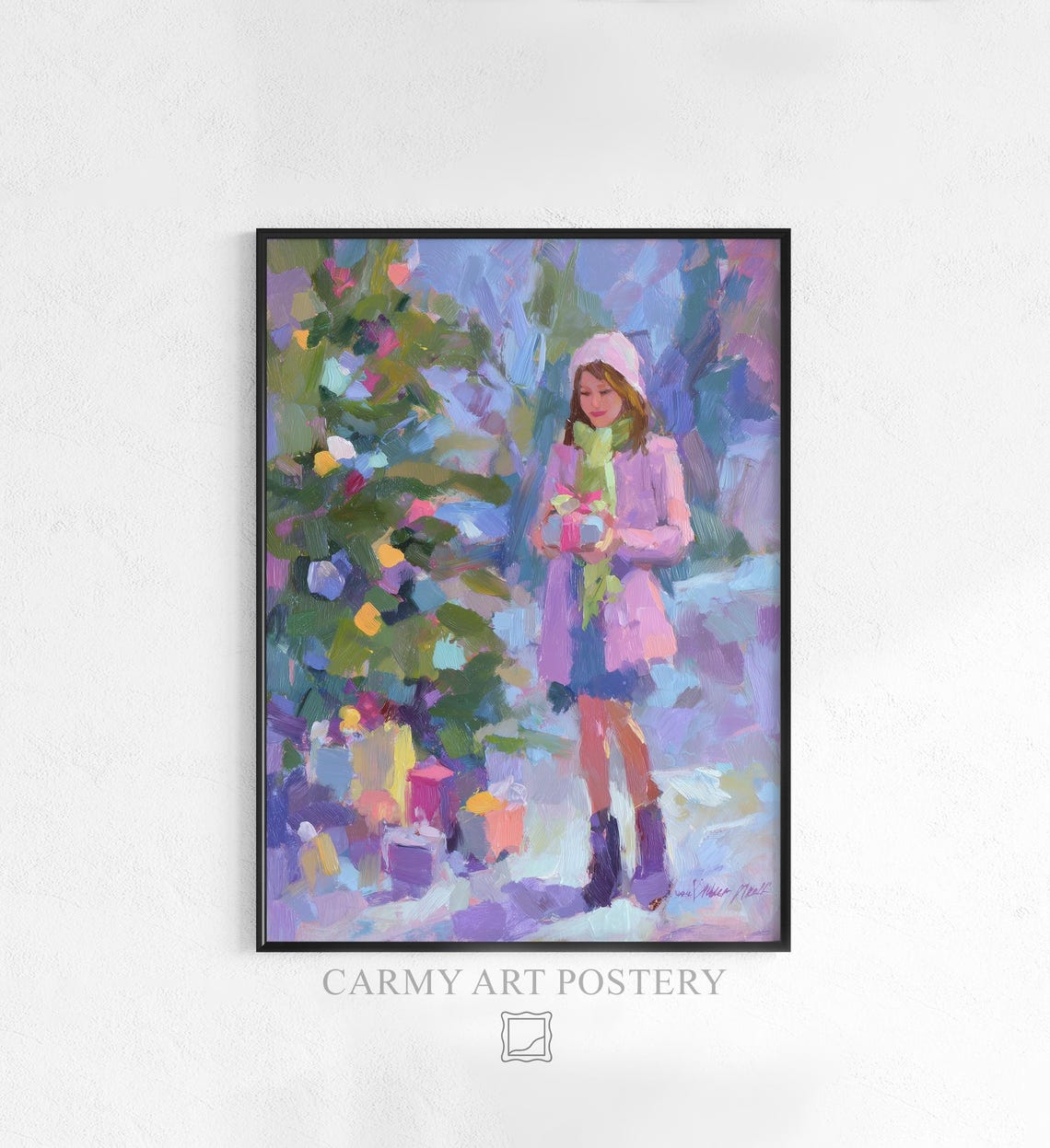 Girl In Pink Coat Outdoor Christmas Tree Impressionist Art Poster