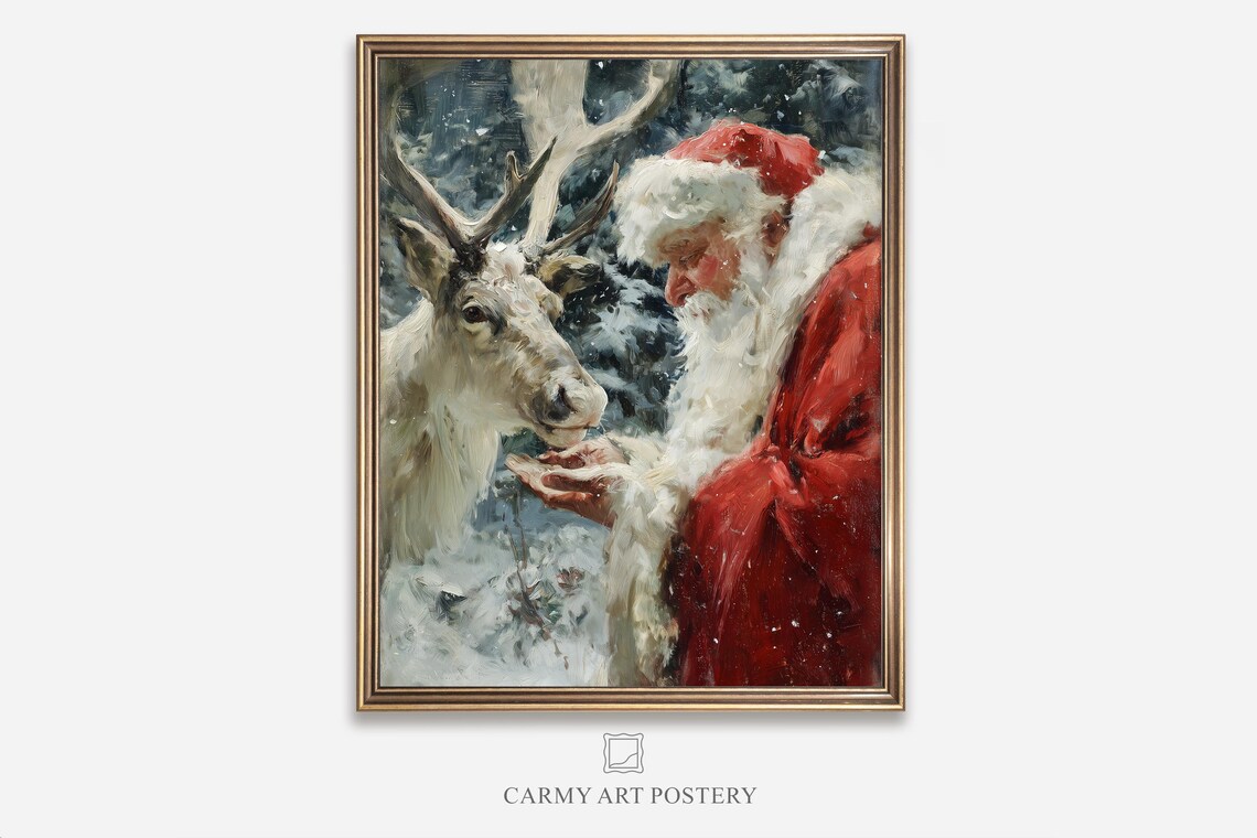 Santa Claus Feeding Reindeer Snowy Night Vintage Oil Painting Holiday Poster