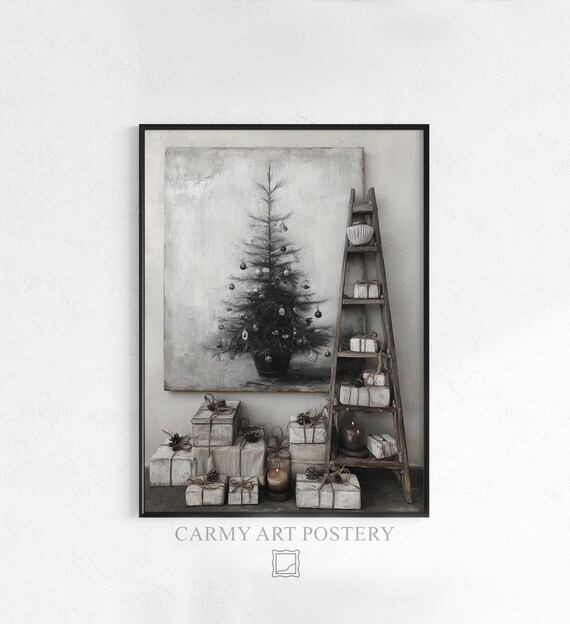 Neutral Christmas Tree Sketch With Rustic Ladder Shelf Holiday Print