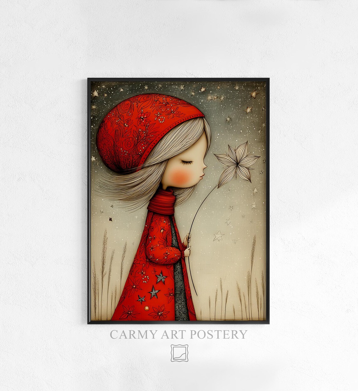 Girl With Star Red Coat Vintage Storybook Art Poster Night Sky Scene