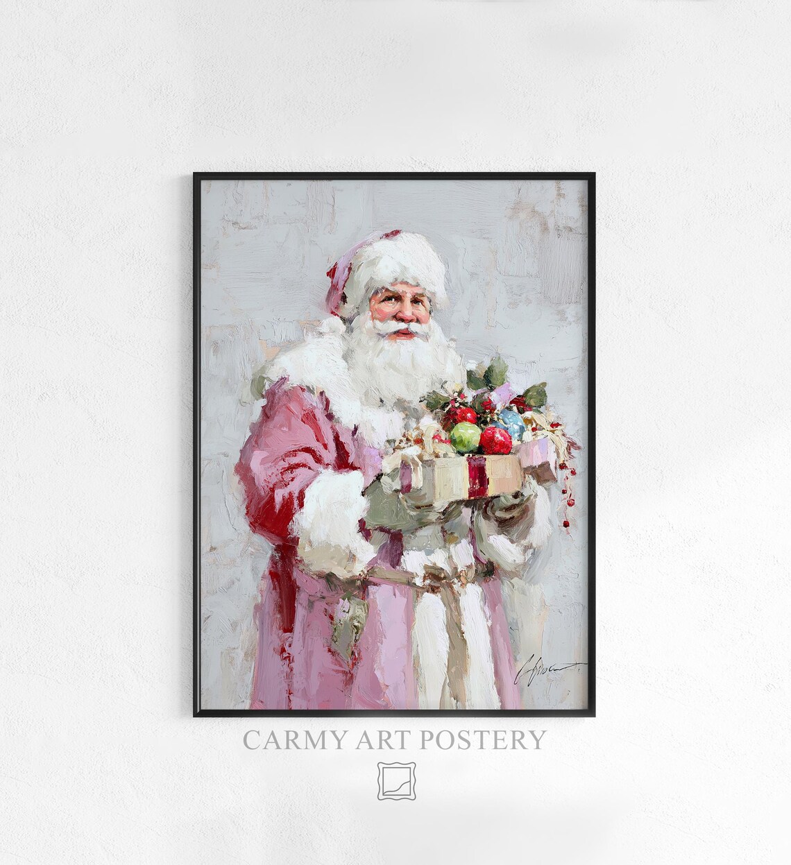 Santa Claus With Gift Box Christmas Art Poster Pink Coat Holiday Scene