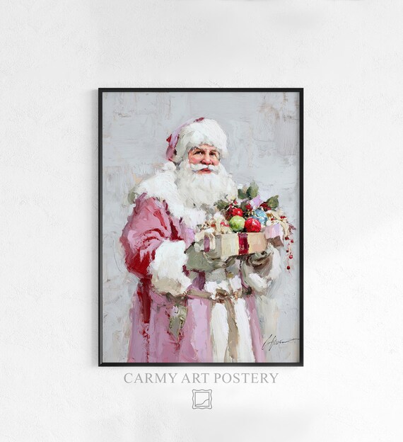 Santa Claus With Gift Box Christmas Art Poster Pink Coat Holiday Scene