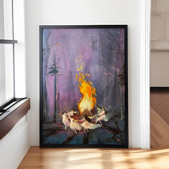 Dancers Around A Bonfire At Night Forest Impressionist Art Poster