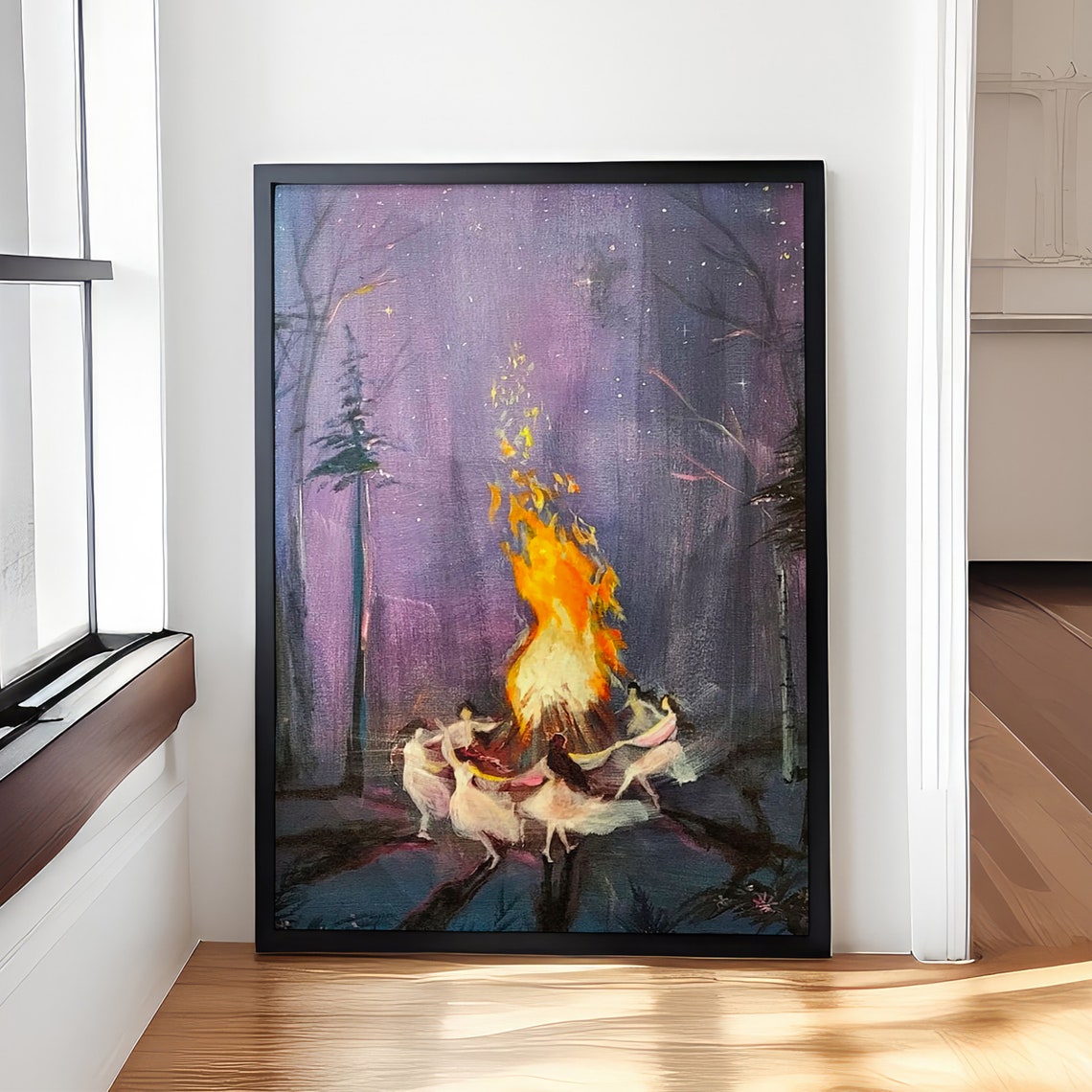 Dancers Around A Bonfire At Night Forest Impressionist Art Poster