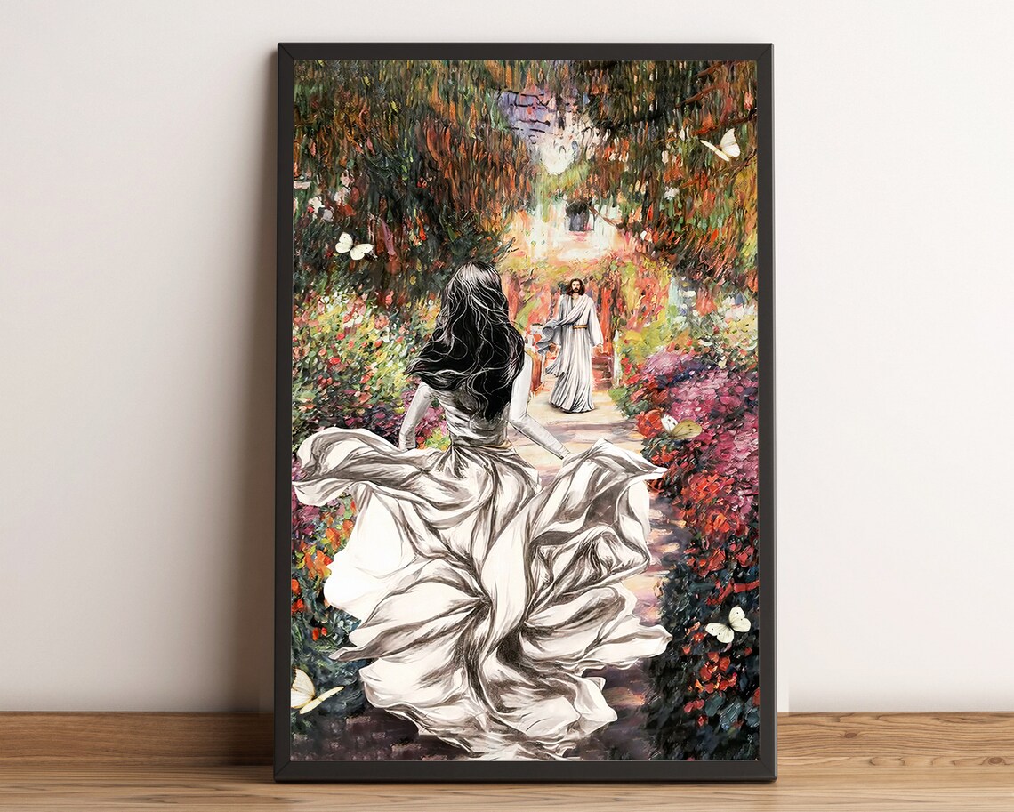 Girl Running With Jesus Colorful Flower Garden Christian Art Poster - Image 3