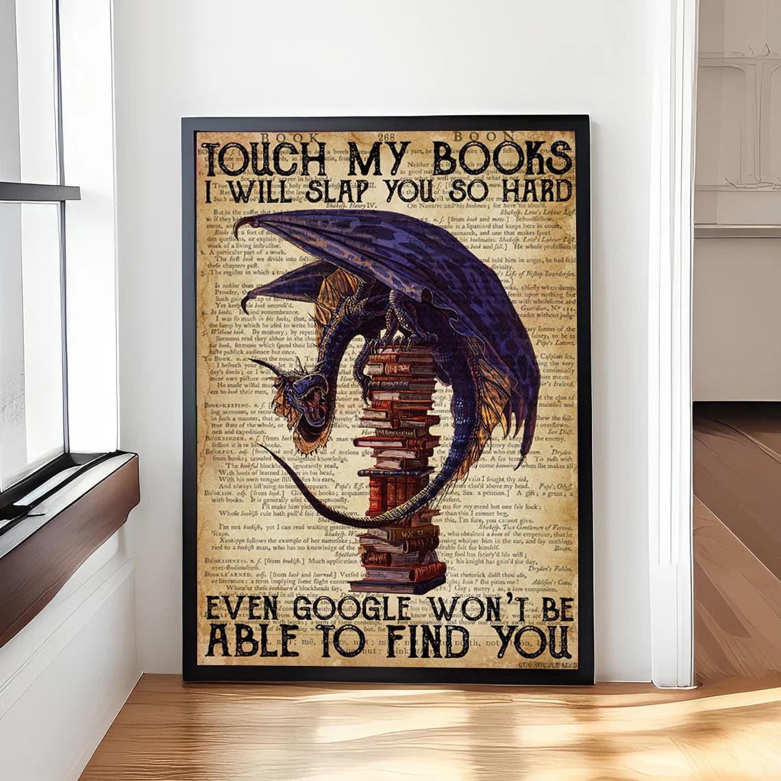 Touch My Books Funny Dragon Guarding Tall Stack Of Books Poster