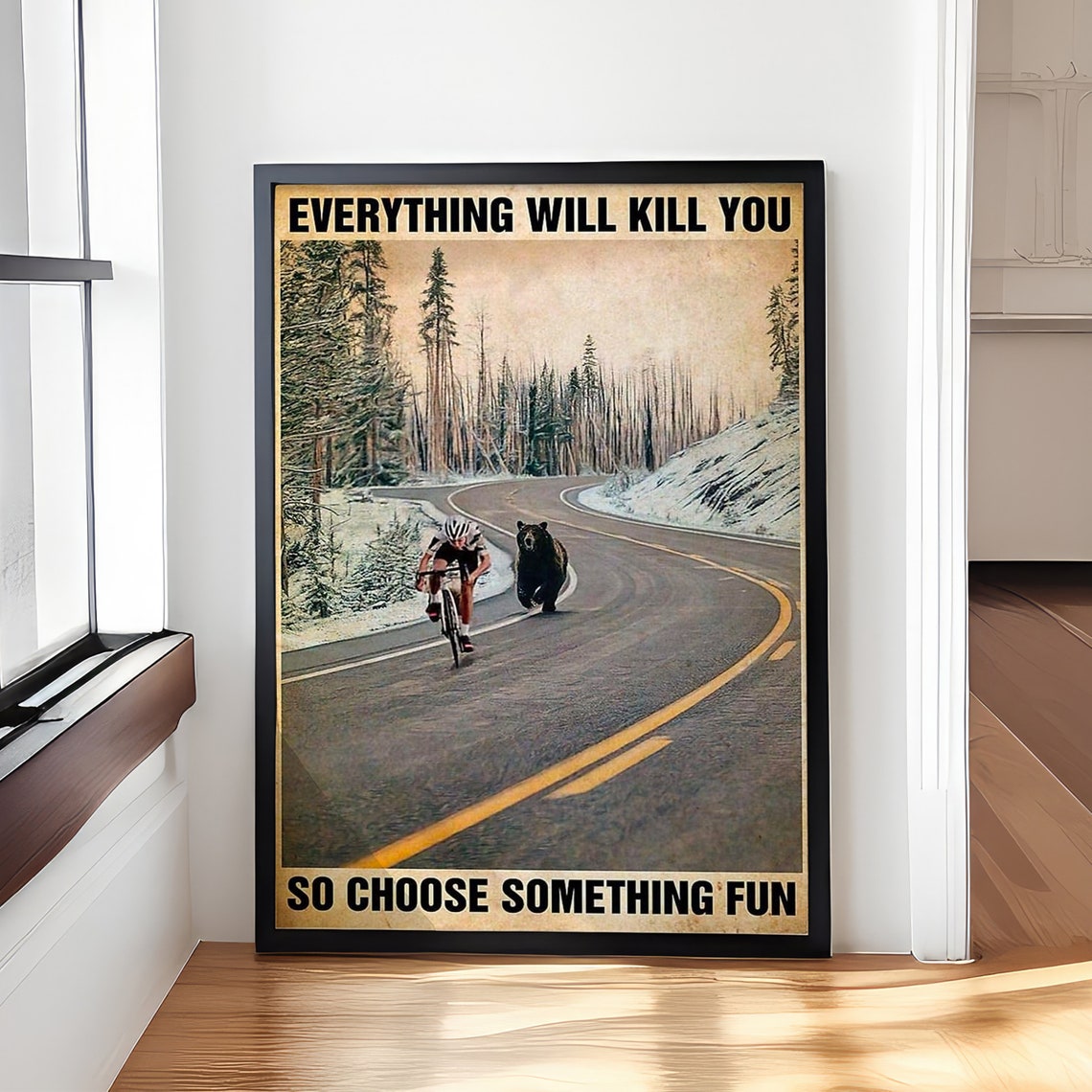 Cyclist Racing a Bear on a Mountain Road Vintage Funny Poster