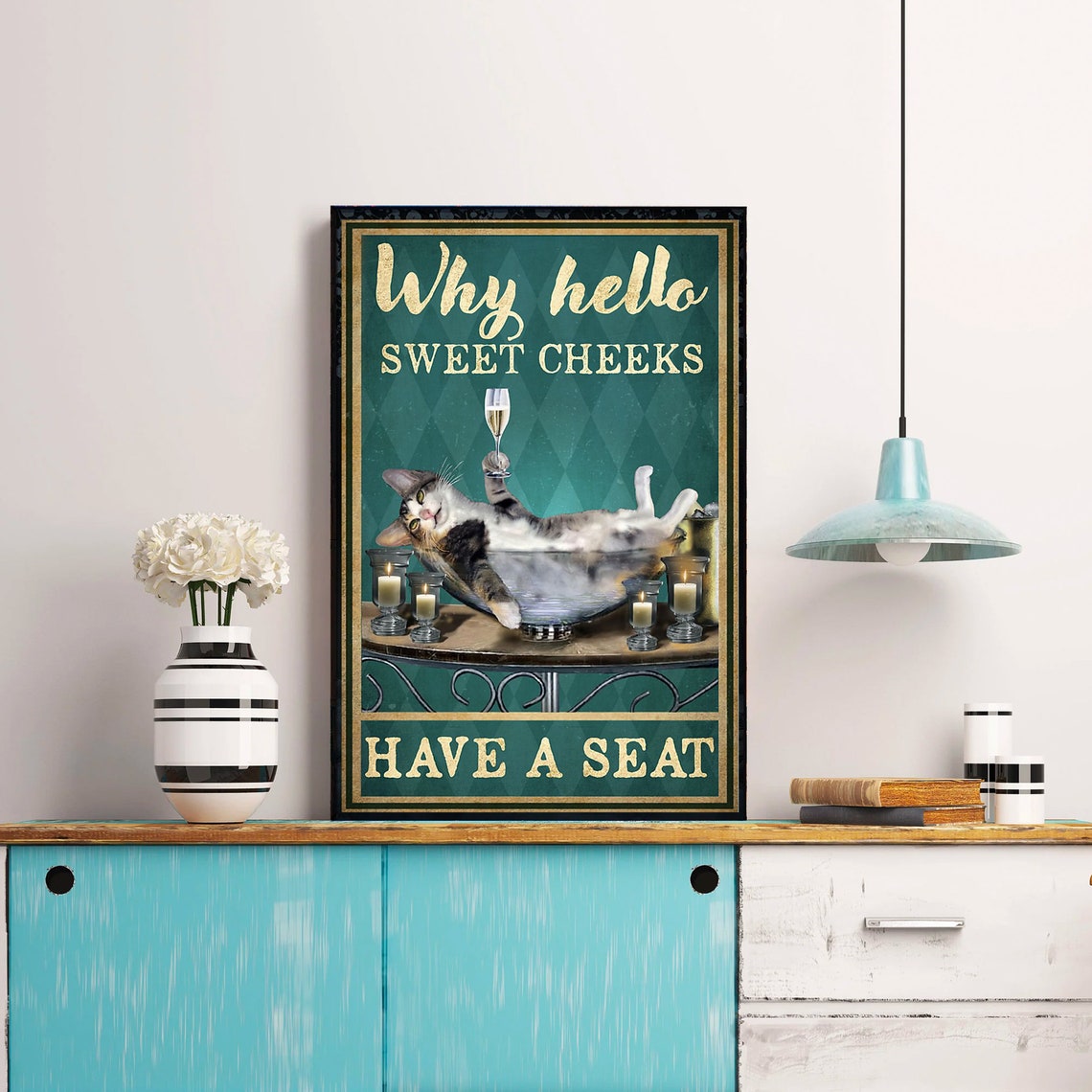 Funny Why Hello Sweet Cheeks Have a Seat Cat Bathroom Poster - Image 4
