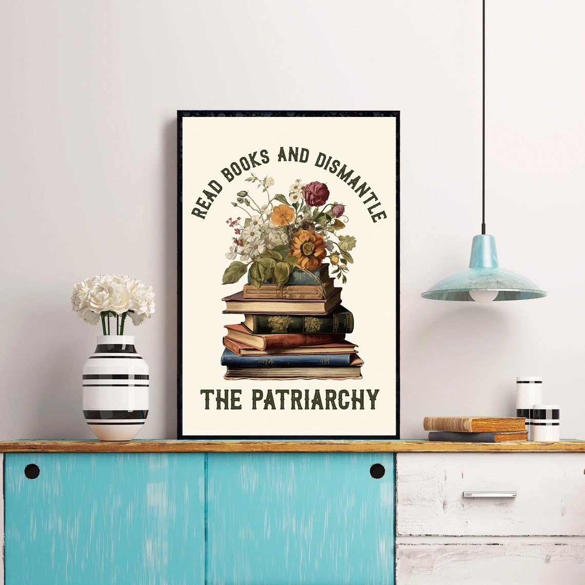 Read Books And Dismantle The Patriarchy Floral Book Stack Poster - Image 4