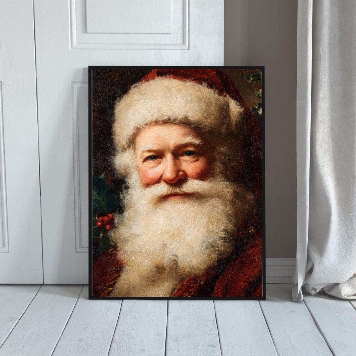 Vintage Santa Claus Portrait Classic Oil Painting Christmas Poster