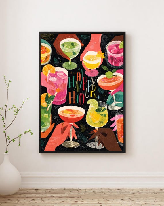 Happy Hour Cocktail Art Print Colorful Retro Drink Illustration Vibrant Bar Wall Decor Modern Party Poster Kitchen Home Printableartwork