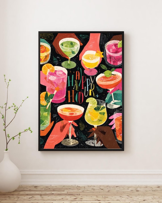 Happy Hour Colorful Cocktail Illustration Retro Drink Party Poster