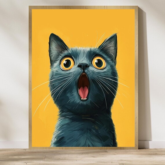 Startled Gray Cat with Huge Wide Eyes on a Bright Yellow Poster