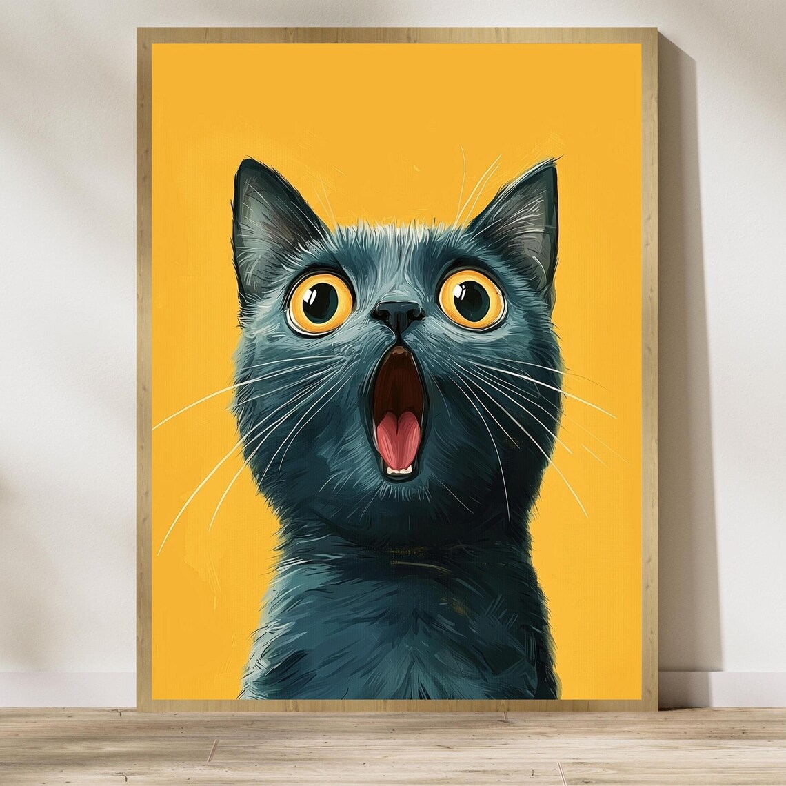 Startled Gray Cat with Huge Wide Eyes on a Bright Yellow Poster