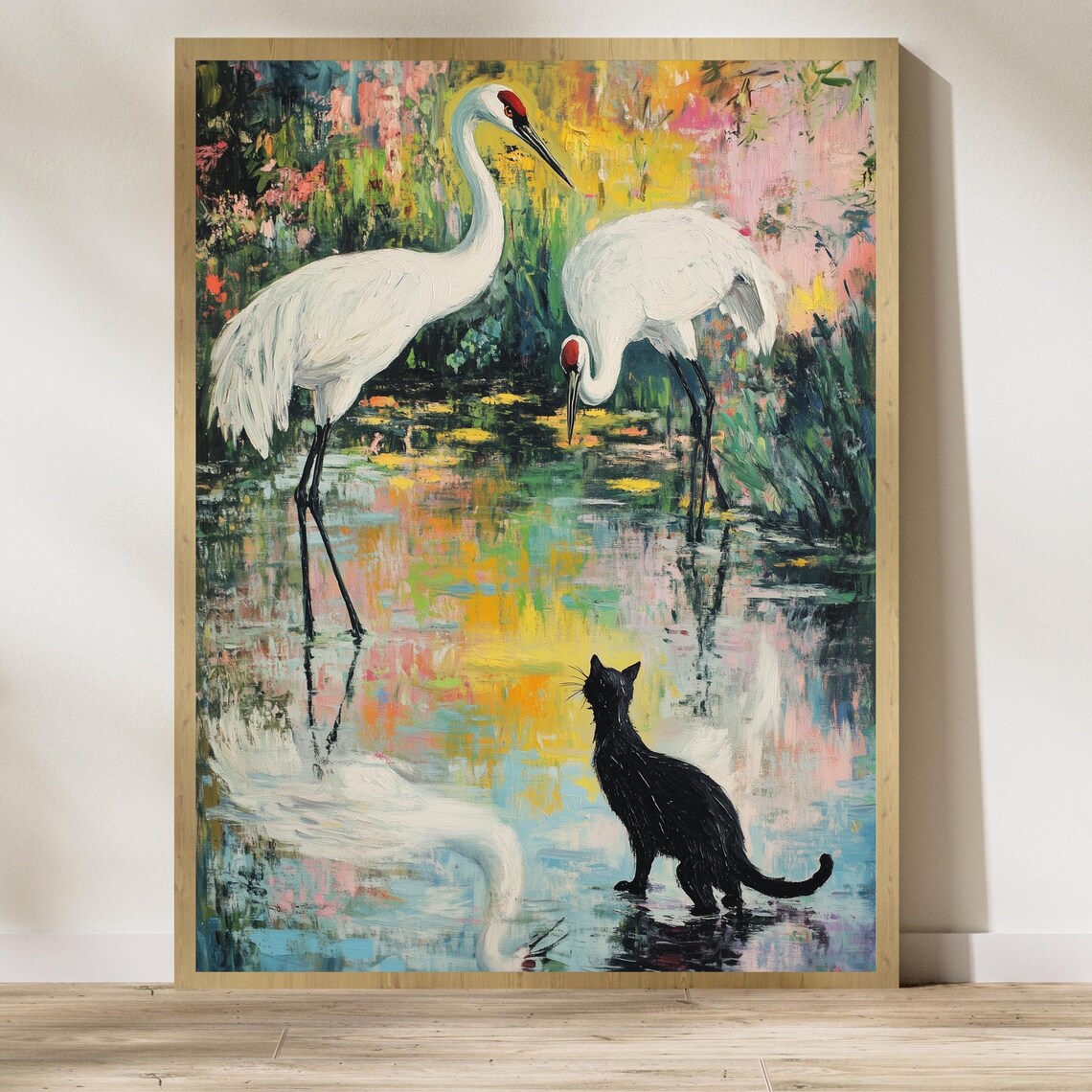 Black Cat White Cranes Poster Colorful Pond Wildlife Painting Nature