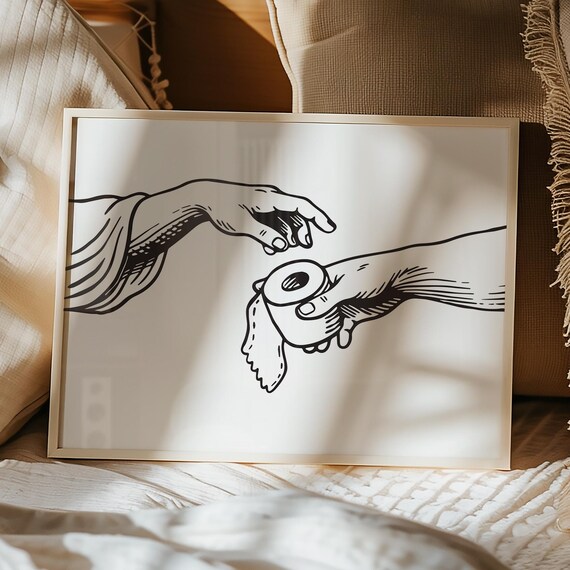 Creation Of Adam Toilet Paper Parody Funny Line Drawing Poster