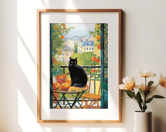 Black Cat Balcony Oranges Paris Rooftops Impressionist Poster