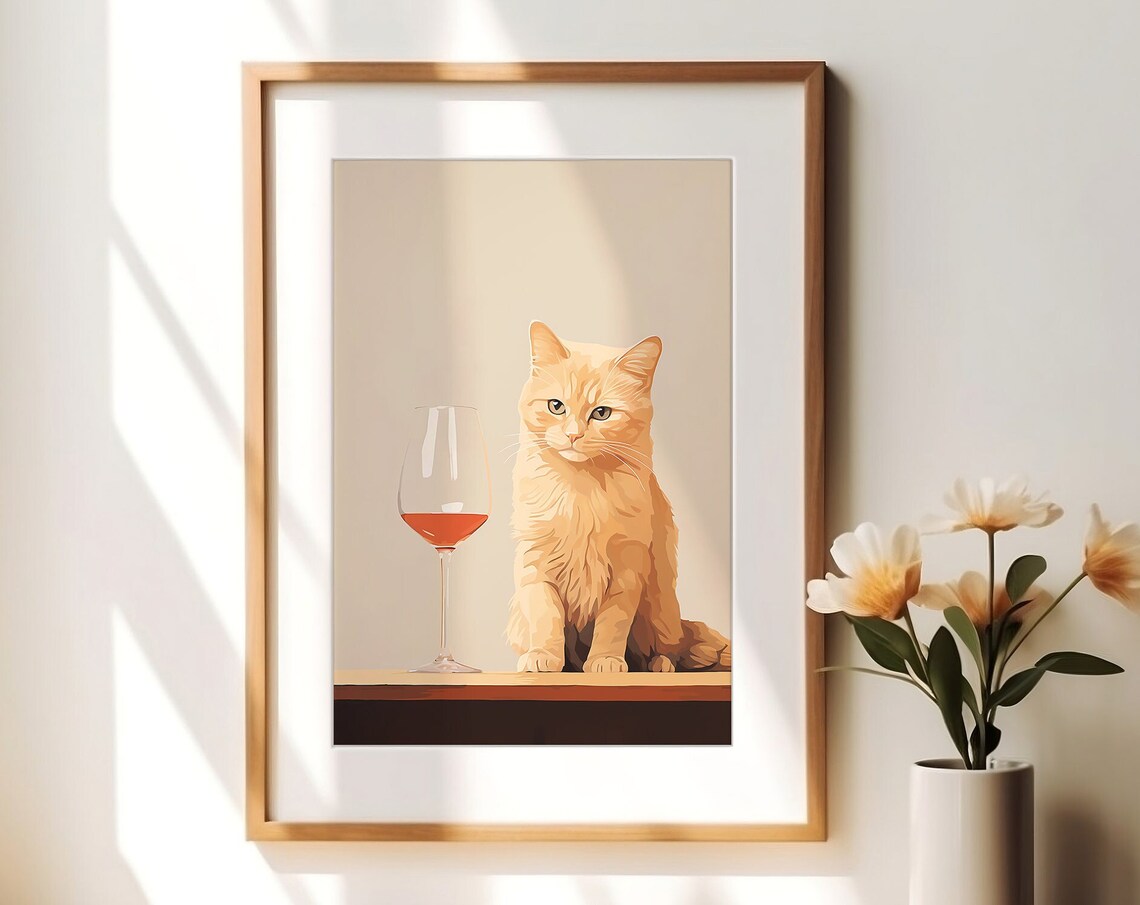 Orange Cat With Glass of Wine on Cream Background Funny Poster