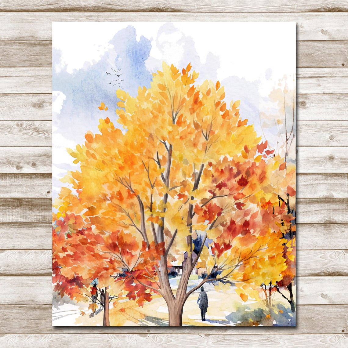 Golden Autumn Tree Falling Leaves Watercolor Fall Walk Poster - Image 4