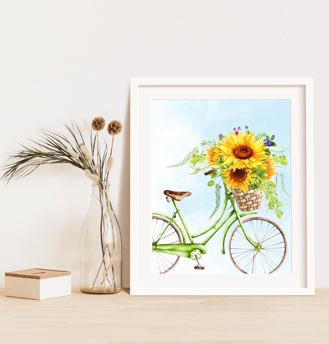 Green Bicycle With Sunflower Basket Summer Watercolor Poster - Image 9