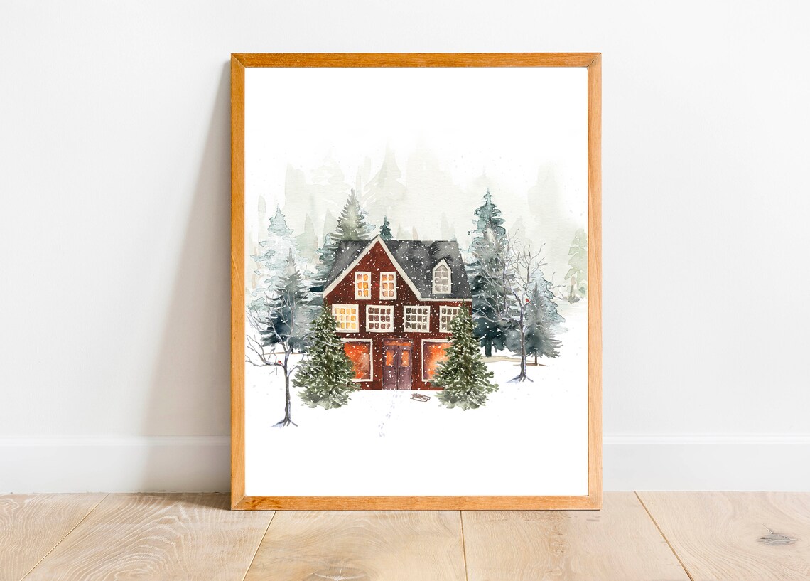 Red Winter House Glowing Windows Watercolor Snowy Christmas Scene Poster - Image 5