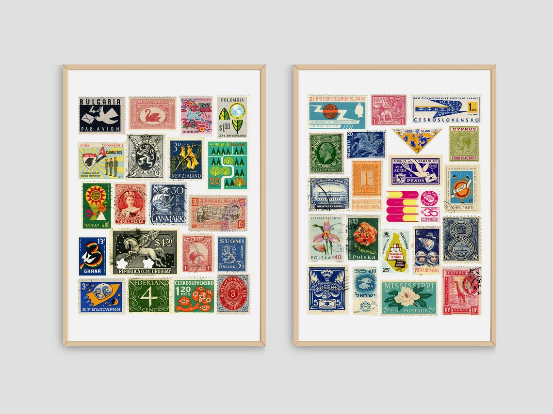 Vintage Stamps Collage Set of Two, Bohemian Art Print