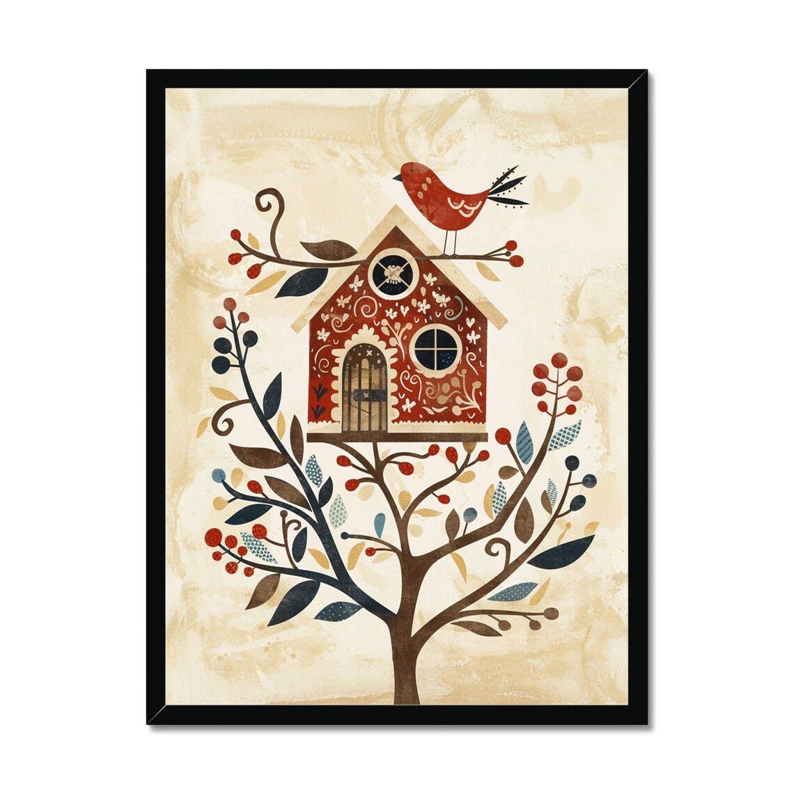 Folk Art Birdhouse Flora Fauna Art Print