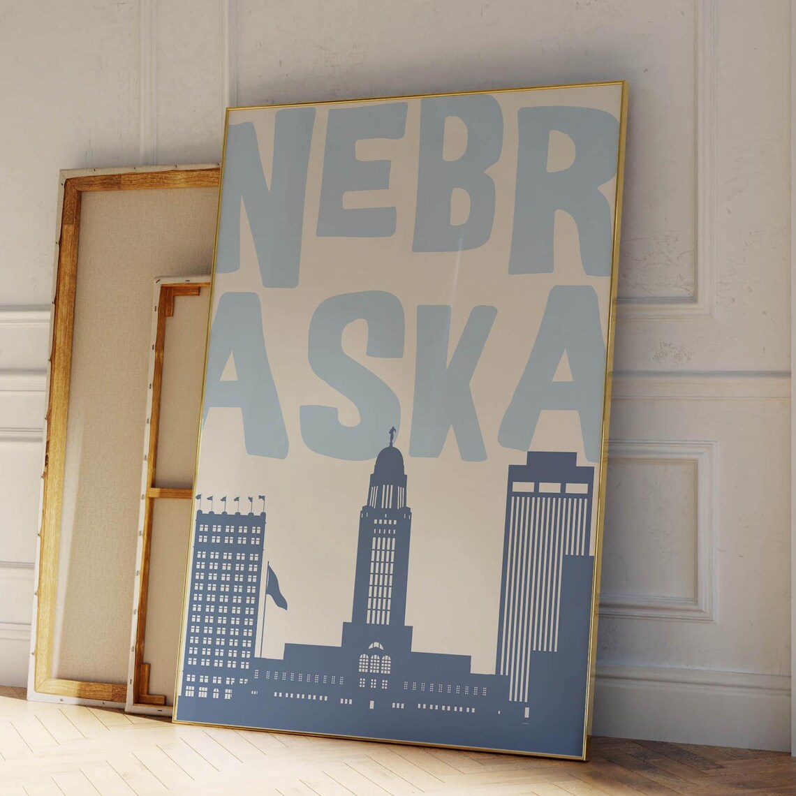 Nebraska Skyline with Lincoln State Capitol Blue Minimal Poster