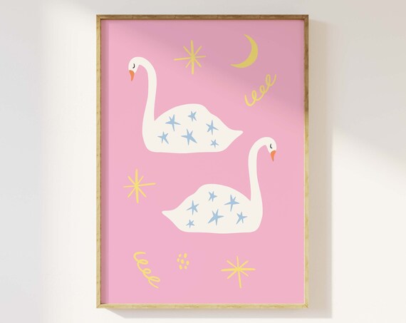 Cute White Swans Pink Nursery Stars and Moon Whimsical Art Poster
