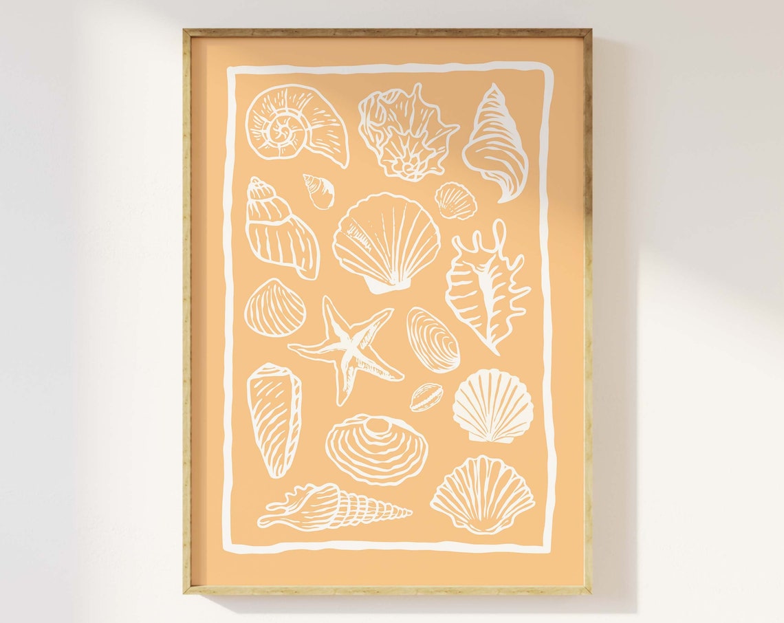 Apricot Seashell Collage White Line Art Starfish Beach Poster